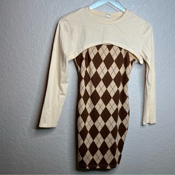 Shein Brown/Cream Quilted Dress W/Sweater Overlay - Picture 2 of 6